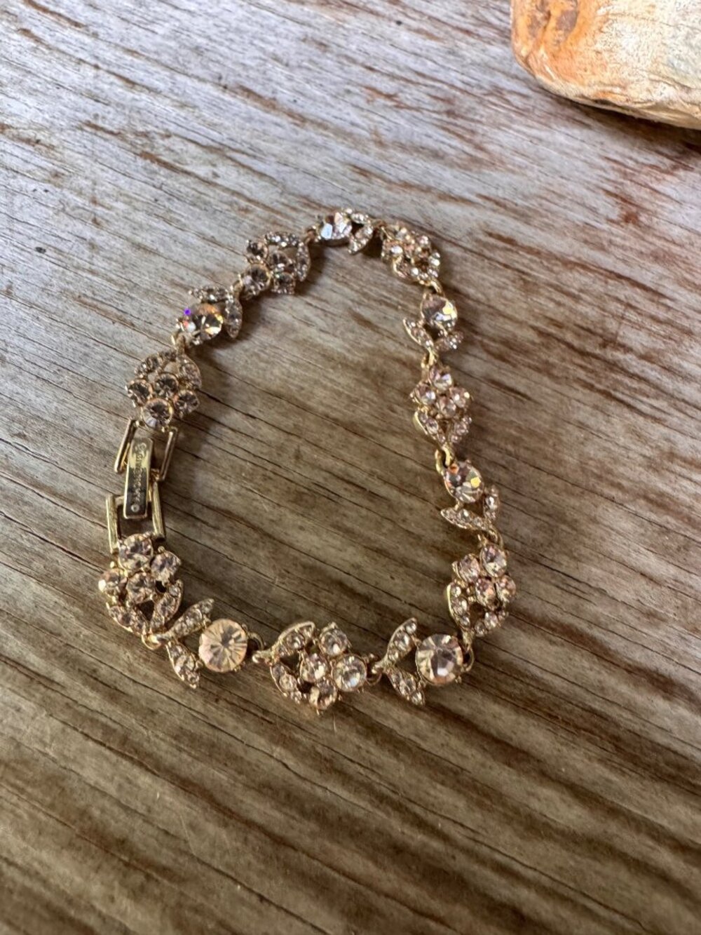 Vintage Givenchy Gold Tone Clear Rhinestone Floral Link Bracelet Signed Designer
